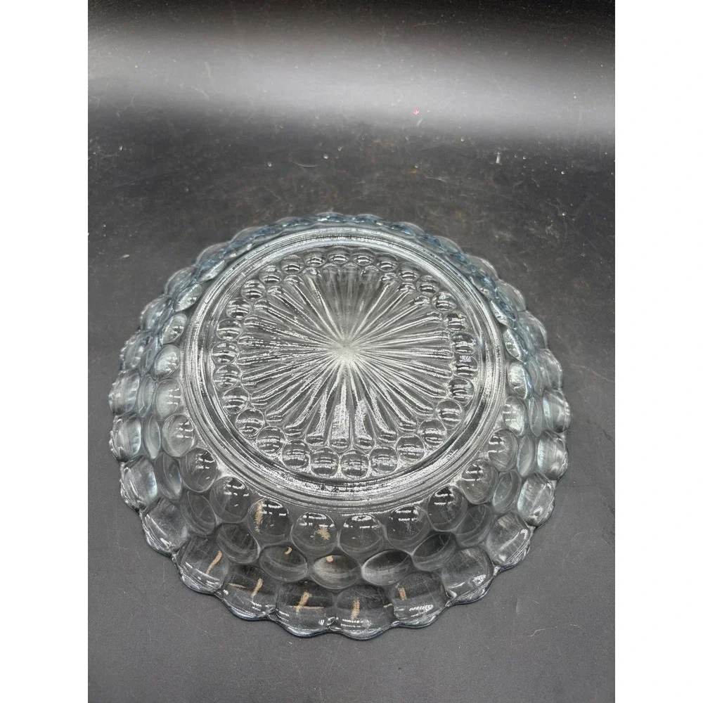 Vintage Light Blue Pressed Glass Scalloped Bubble Hobnail Dish Bowl 7.5 Inch